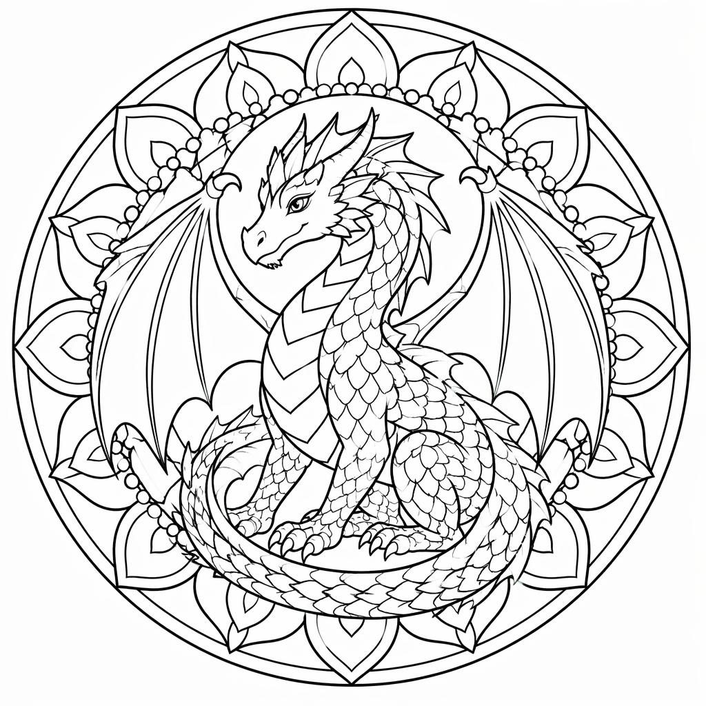Illustration noir et blanc d’un dragon fantasy adulte, style manga simple, en contours épais sur fond blanc.