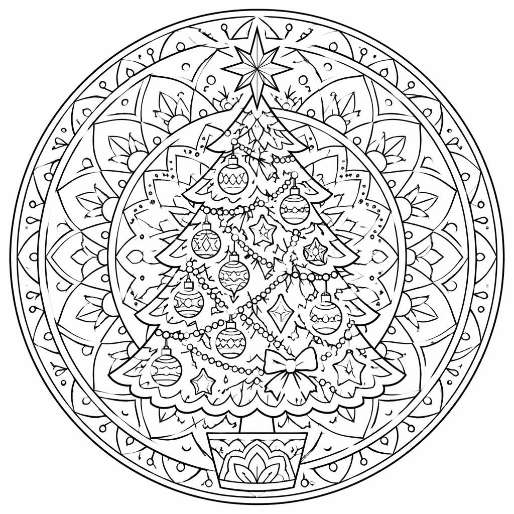 Schwarz-weiße Mandala-Lineart mit filigranen geometrischen Formen als Christbaum Ausmalbild zum Ausdrucken