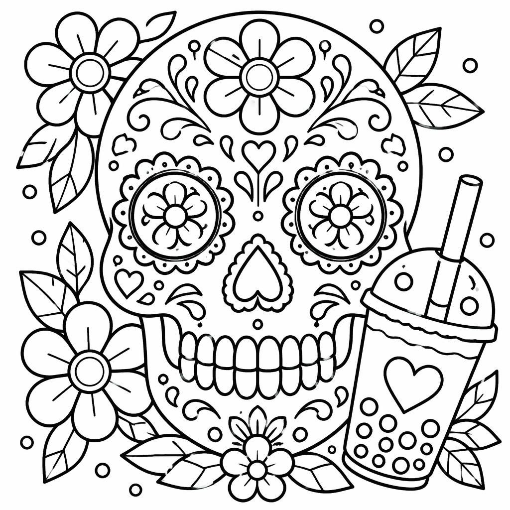 Schwarz-weiße Ausmalbild-Illustration eines freundlichen Zucker-Schädels im Zentangle-Stil mit klaren Linien.