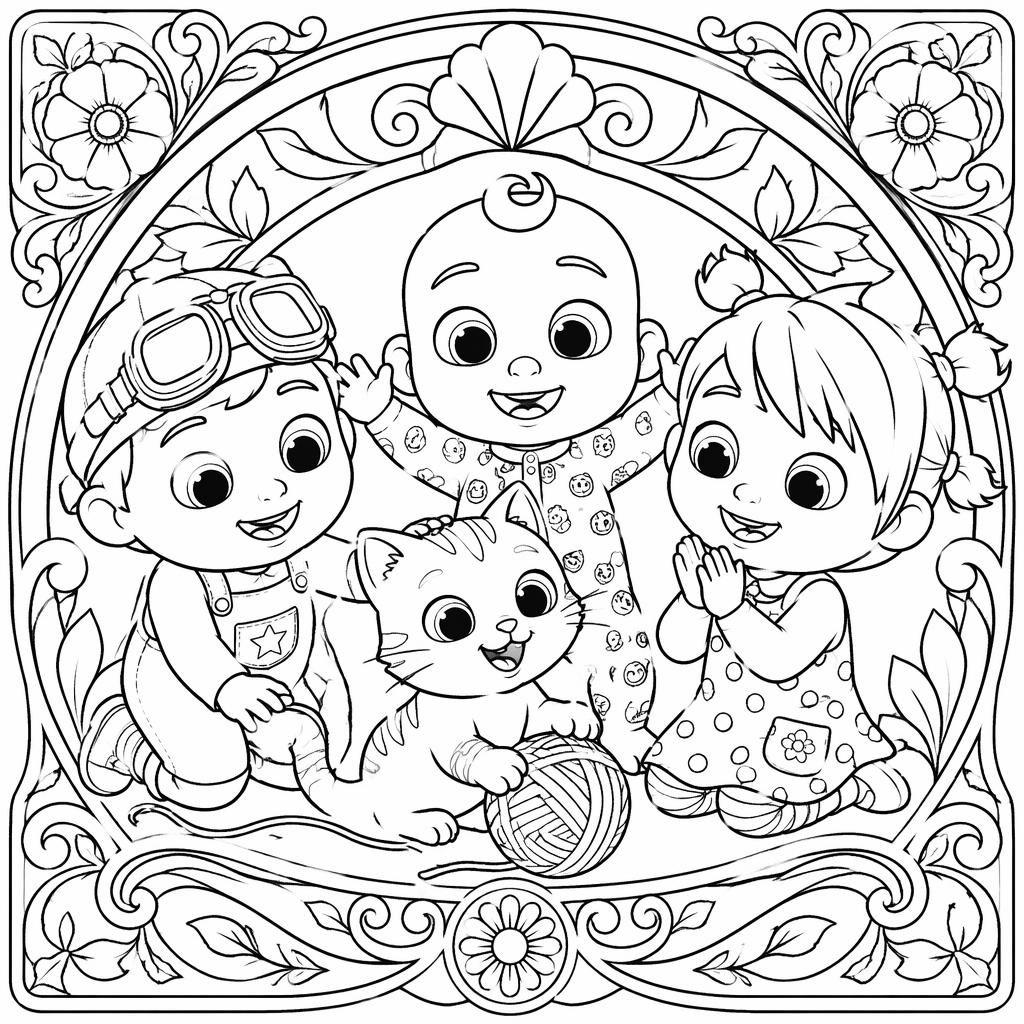 Black-and-white coloring page with a cat and playful kids in intricate Art Nouveau line art on a white background.