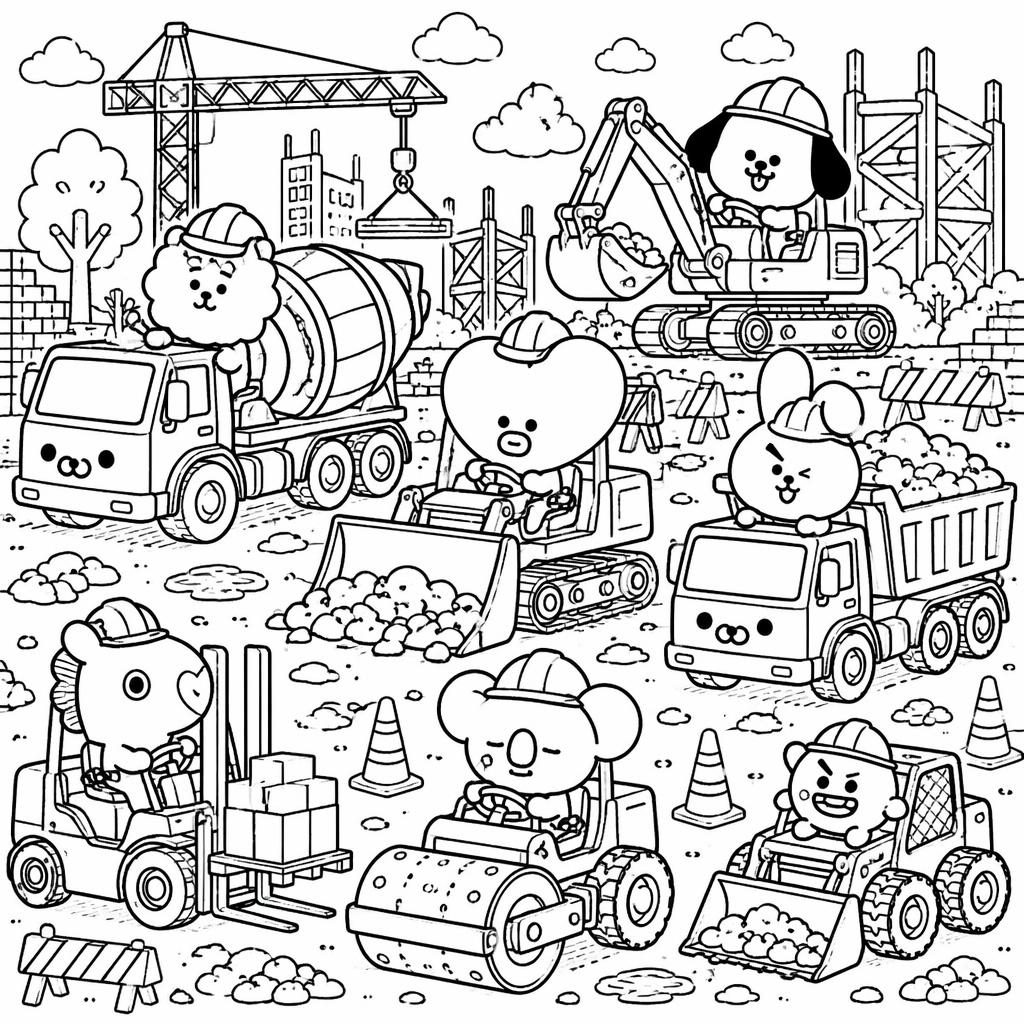 Ilustración para colorear en blanco y negro con camiones de construcción tiernos, estilo cartoon y detalles intrincados.