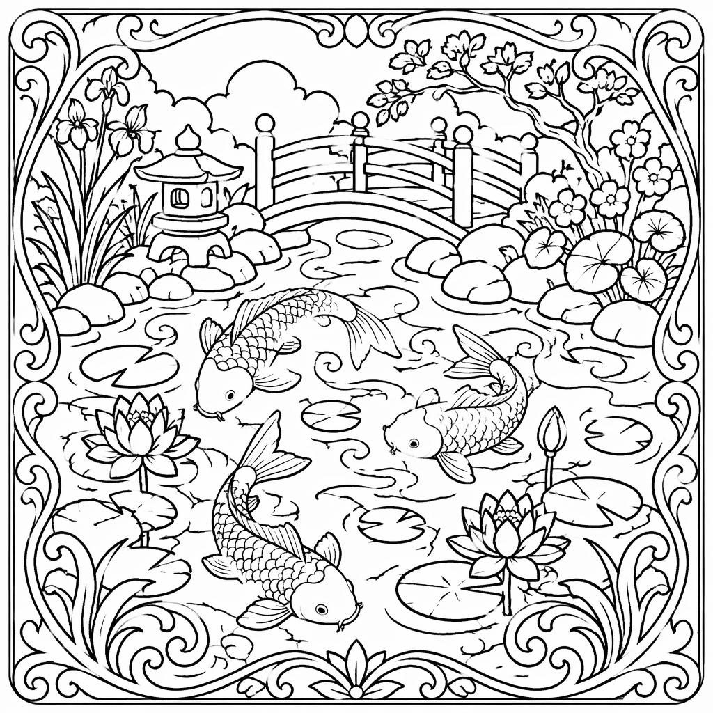 Černobílá omalovánka s jezírkem a koi rybami v jednoduchých obrysech, čistá line art ilustrace pro děti.