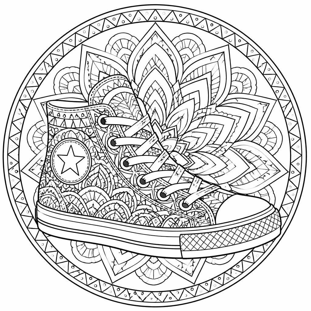 Illustration noir et blanc d’une chaussure à colorier en mandala géométrique adulte, style zentangle détaillé.