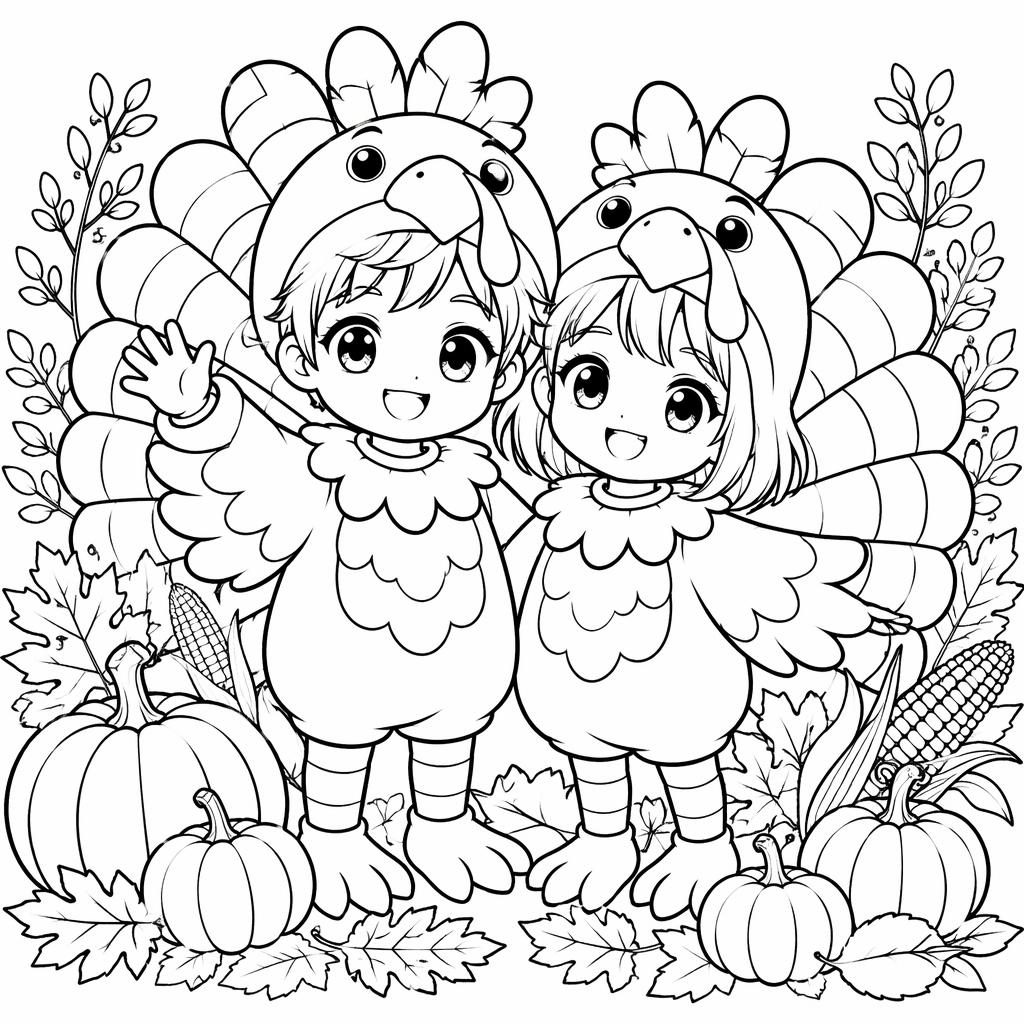 Black-and-white coloring page of kids with a Thanksgiving turkey in detailed manga-inspired line art.