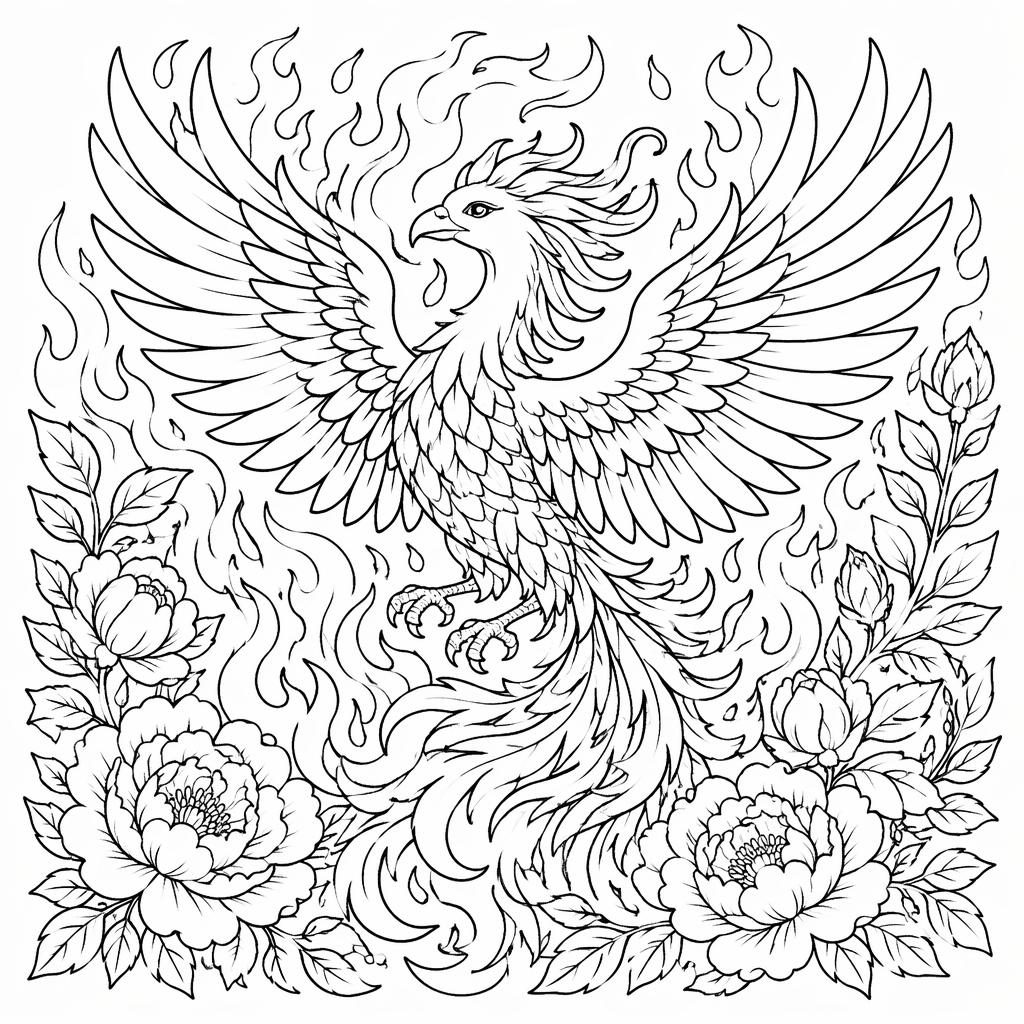 Ilustración en blanco y negro de un fénix en llamas con detalles botánicos, estilo página para colorear adulta.