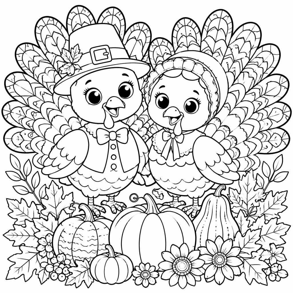 Schwarz-weißes Ausmalbild mit süßem Thanksgiving-Truthahn und Kindern, als detailreiche Cartoon-Lineart zum Drucken.