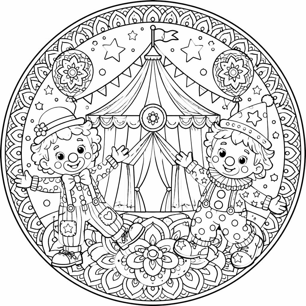 Ilustración para colorear en blanco y negro con carpa de circo, payasos infantiles y detalles tipo zentangle.