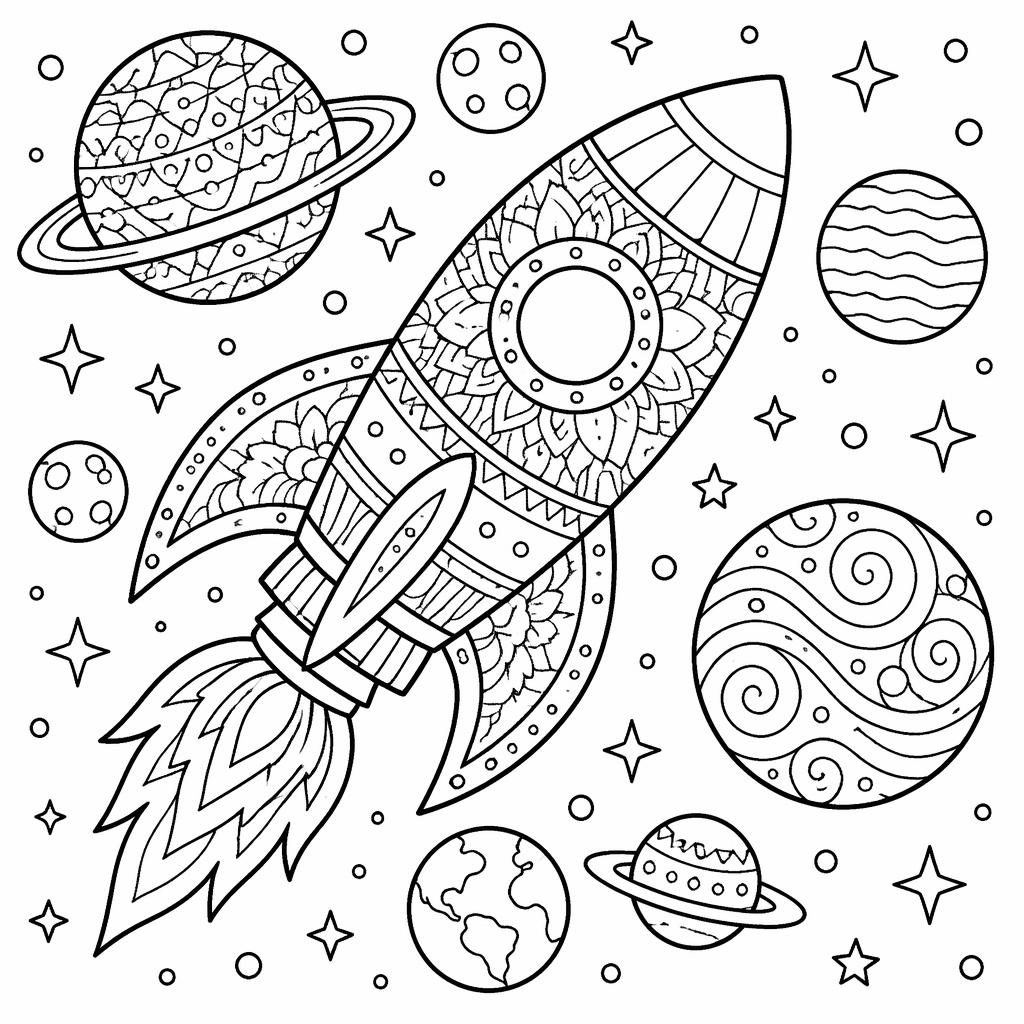 Black-and-white coloring page with a space rocket, planets, stars, and geometric mandala details for kids.