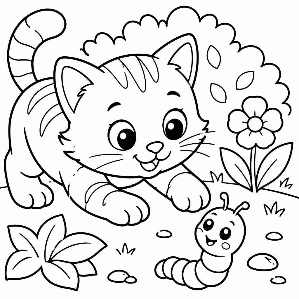 Ilustración infantil en blanco y negro de un gato juguetón con niños, con líneas gruesas y formas cerradas para colorear.
