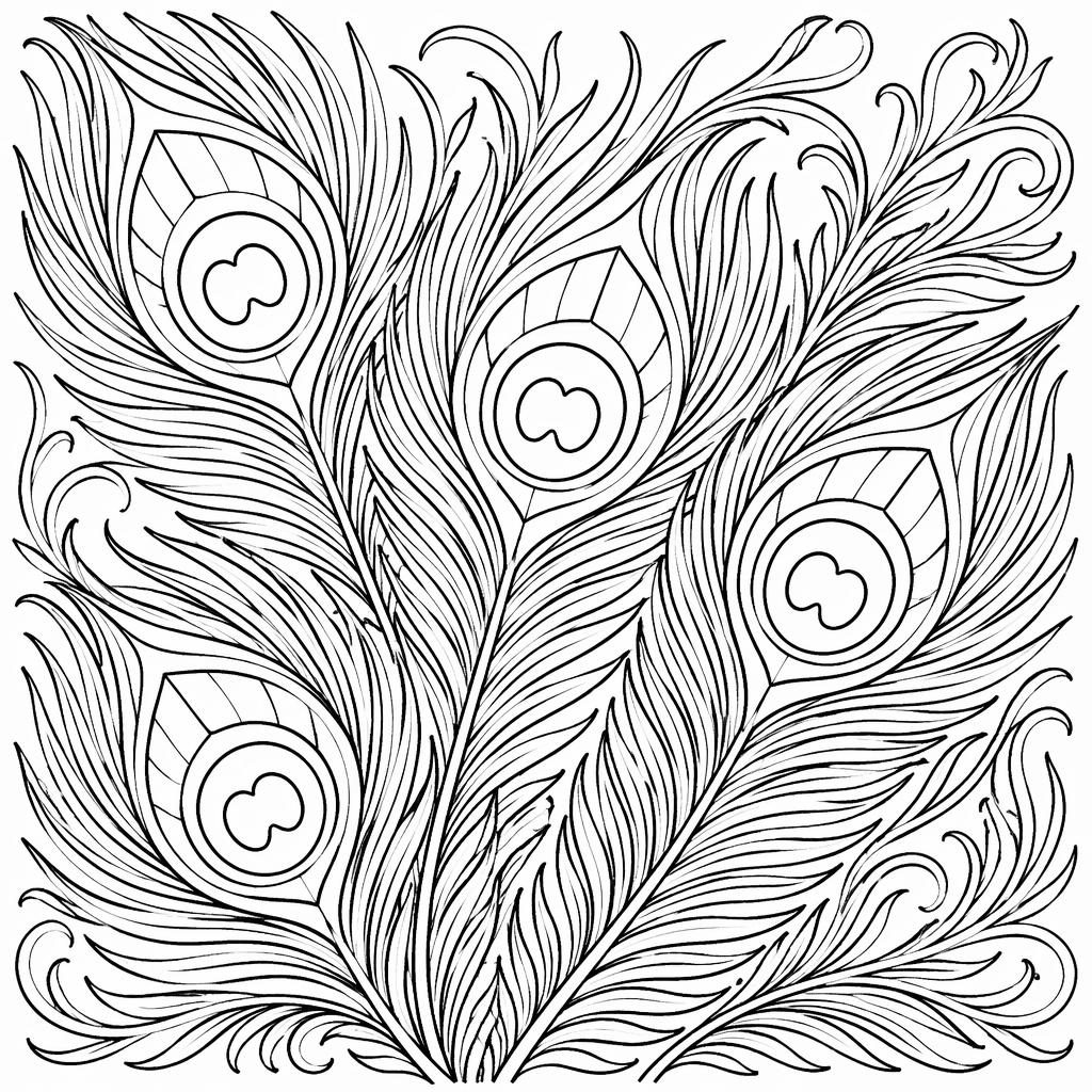 Black-and-white coloring page with detailed peacock feathers in a manga-inspired line-art style on a white background.