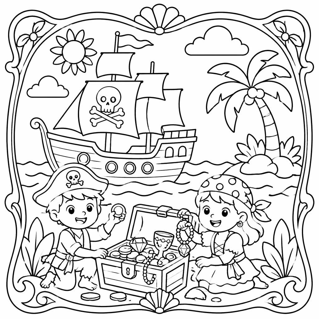 Illustration noir et blanc d’un bateau pirate avec trésor, style simple pour enfants, contours nets à colorier.