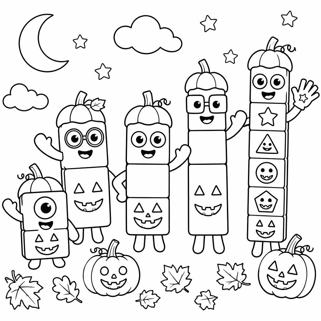 Black-and-white coloring page of kid-friendly Halloween pumpkins in a geometric mandala line-art style.