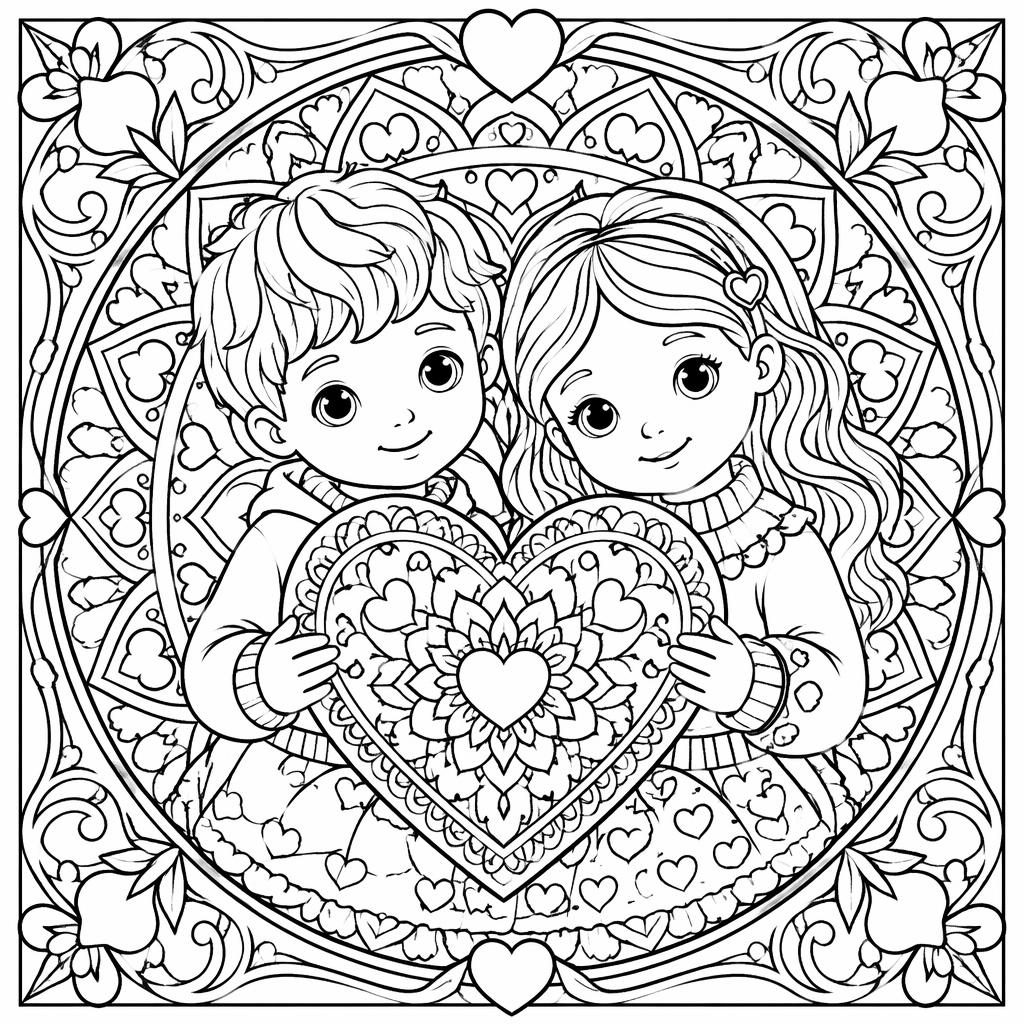 Ilustración para colorear en blanco y negro con corazones de San Valentín para niños, estilo art nouveau y detalle tipo mandala.