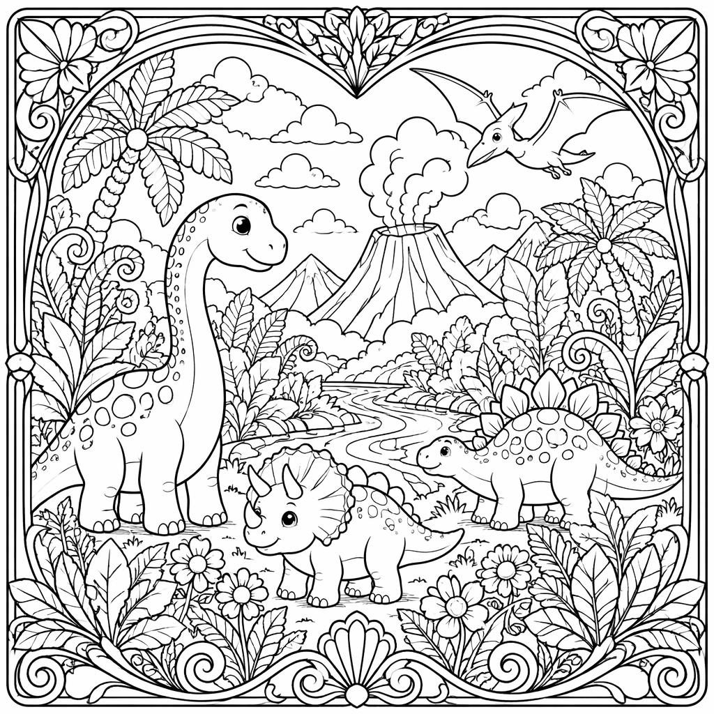 Ilustración para colorear en blanco y negro con escenas infantiles de dinosaurios y detalles intrincados estilo art nouveau.