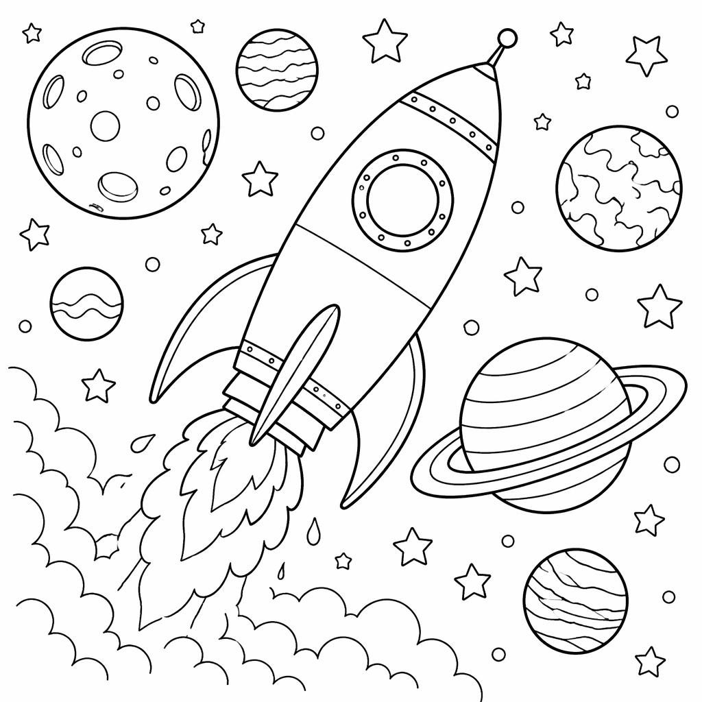 Página para colorear en blanco y negro con un cohete espacial, planetas y detalles limpios para imprimir.