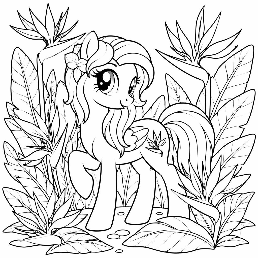 Black-and-white coloring page with detailed birds of paradise flowers in clean botanical line art on a white background.