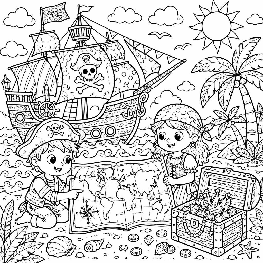 Černobílá omalovánka s pirátskou lodí, pokladem a dětmi ve stylu zentangle, čisté obrysy na bílém pozadí.