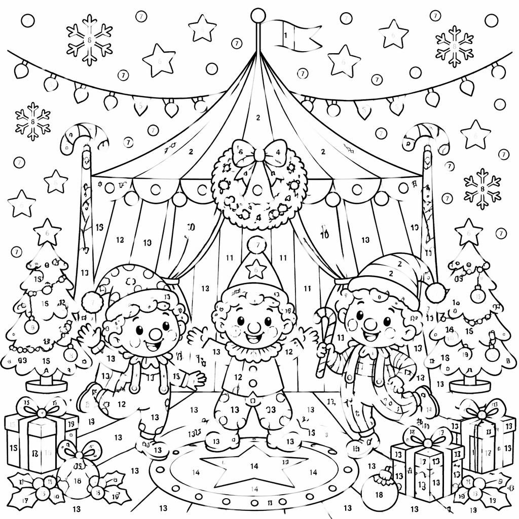 Black-and-white coloring page with a circus tent, clown kids, and intricate zentangle-style line art on white background.