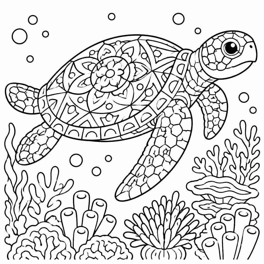 Black-and-white coloring page of an adult sea turtle on a reef in a simple mandala line-art style.