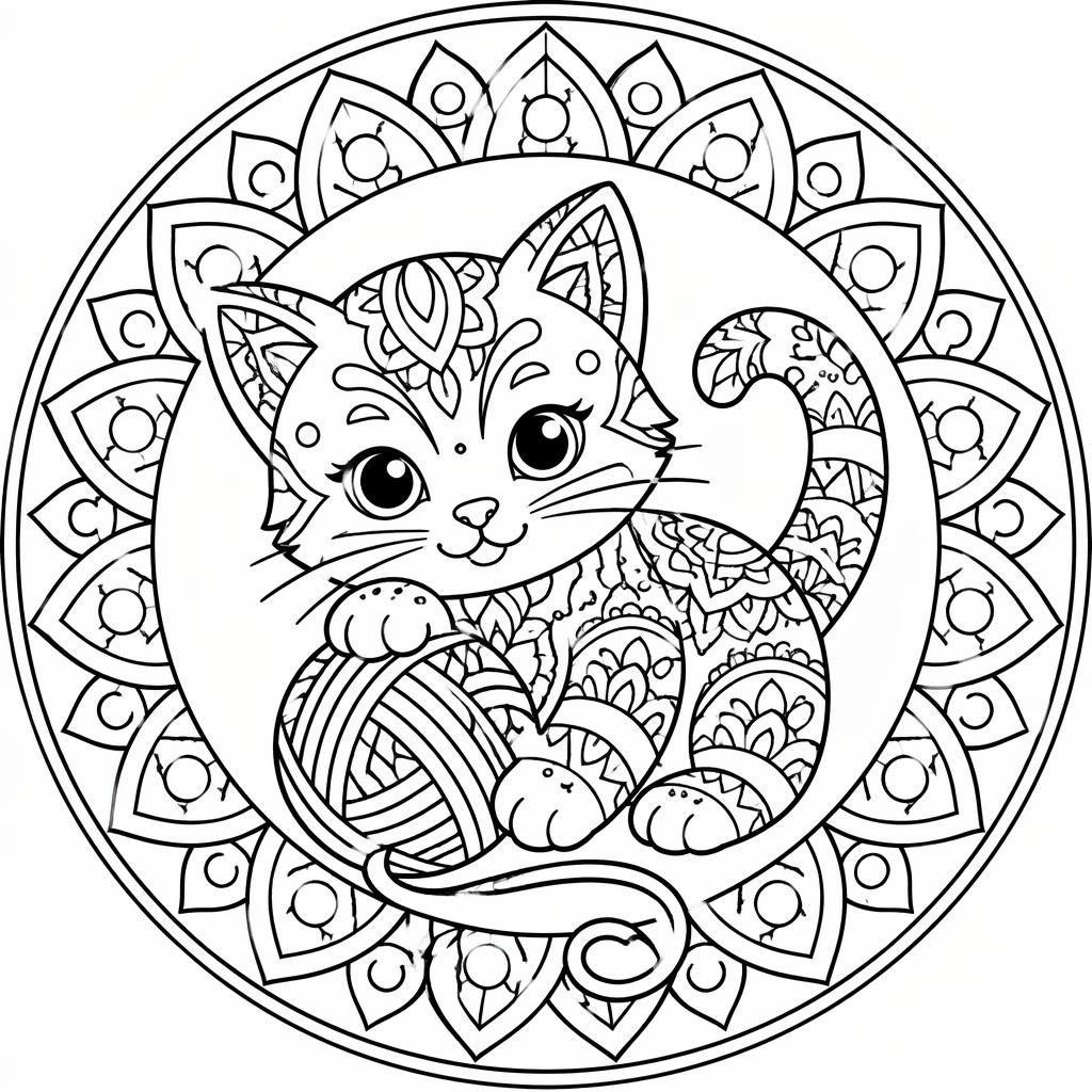 Schwarz-weiße Ausmalbild-Illustration im Mandala-Stil mit einem Kätzchen und Wollknäueln als klare Liniengrafik.