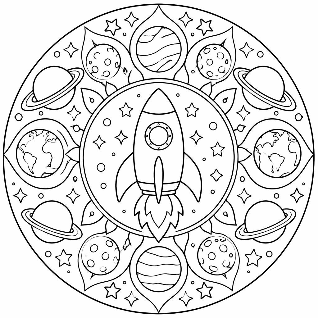 Illustration noir et blanc d’une fusée entourée de planètes, en contours simples à colorier pour enfants.