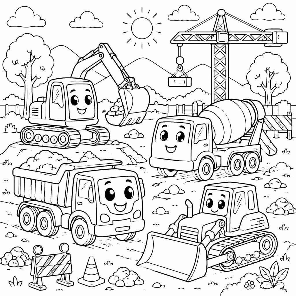 Schwarz-weiße Ausmalbild-Illustration mit niedlichen Baustellenfahrzeugen im Cartoon-Stil, klare Konturen auf weißem Hintergrund.