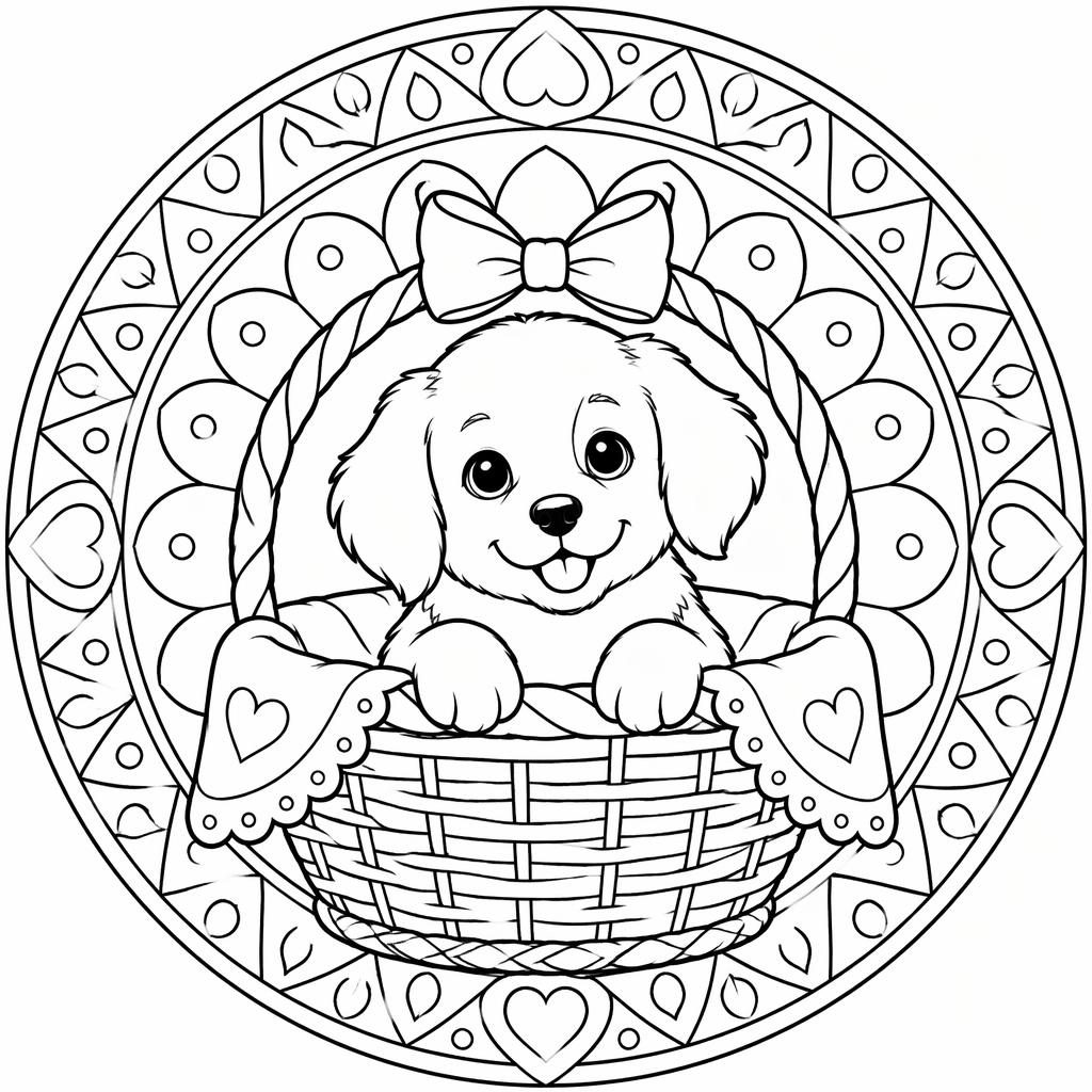 Black-and-white coloring page of a puppy sitting in a basket with kid-friendly mandala-style details and clean outlines.
