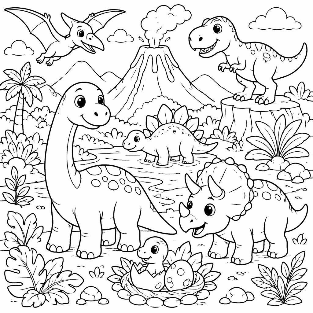 Ilustración para colorear en blanco y negro con escenas de dinosaurios tiernos para niños, en estilo caricatura y líneas limpias.