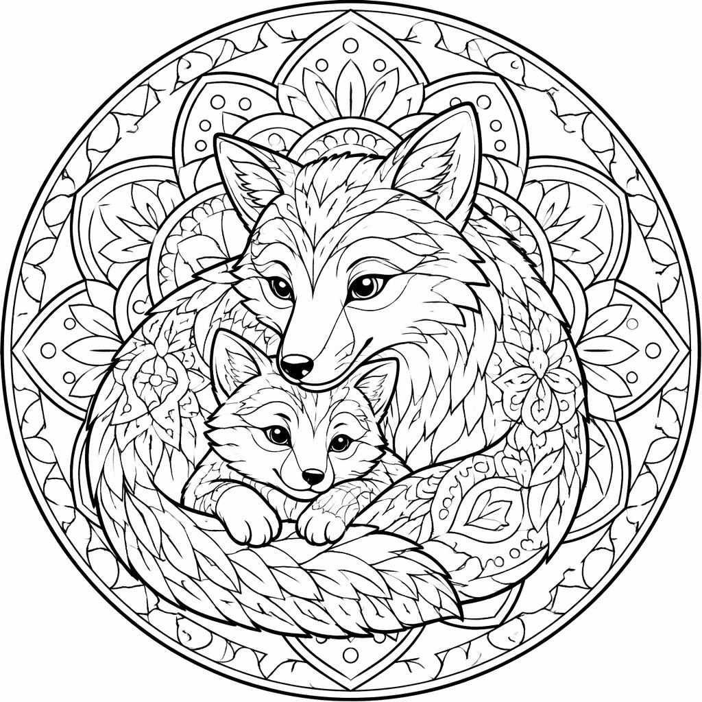 Black-and-white line art coloring page of mother and baby animals with bold mandala details and clean closed shapes.