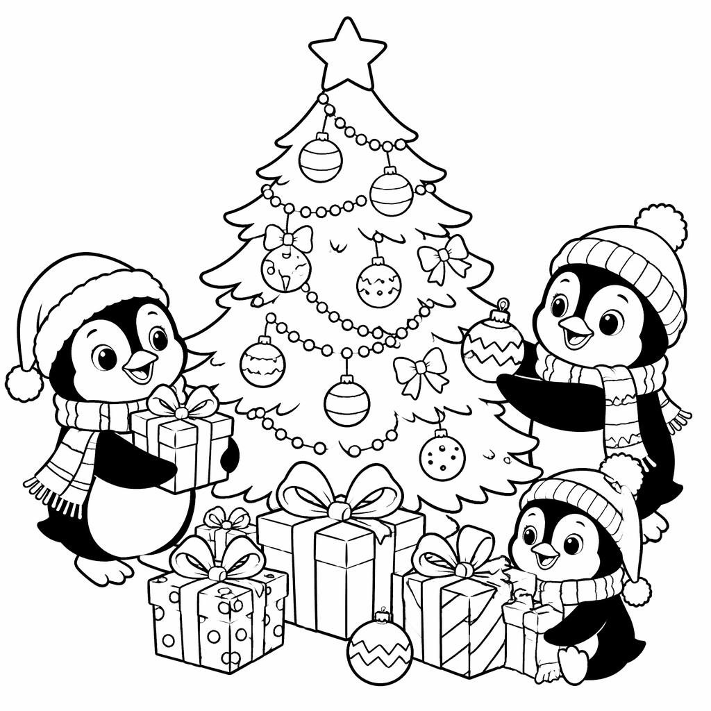 Black-and-white coloring page with kids around a Christmas tree and presents in clean printable line art.