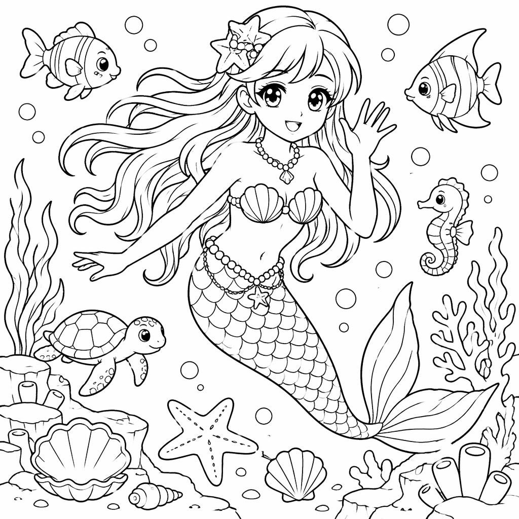 Ilustración para colorear en blanco y negro de una sirena bajo el mar, estilo manga, con contornos limpios.