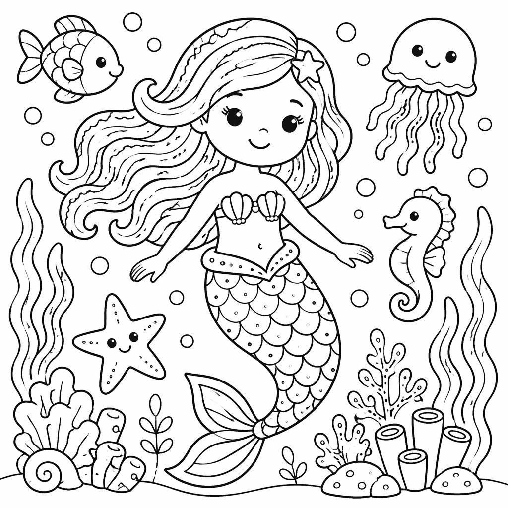 Schlichte schwarz-weiße Ausmalbild-Illustration mit Meerjungfrau unter Wasser, kinderfreundlich und klar konturiert.