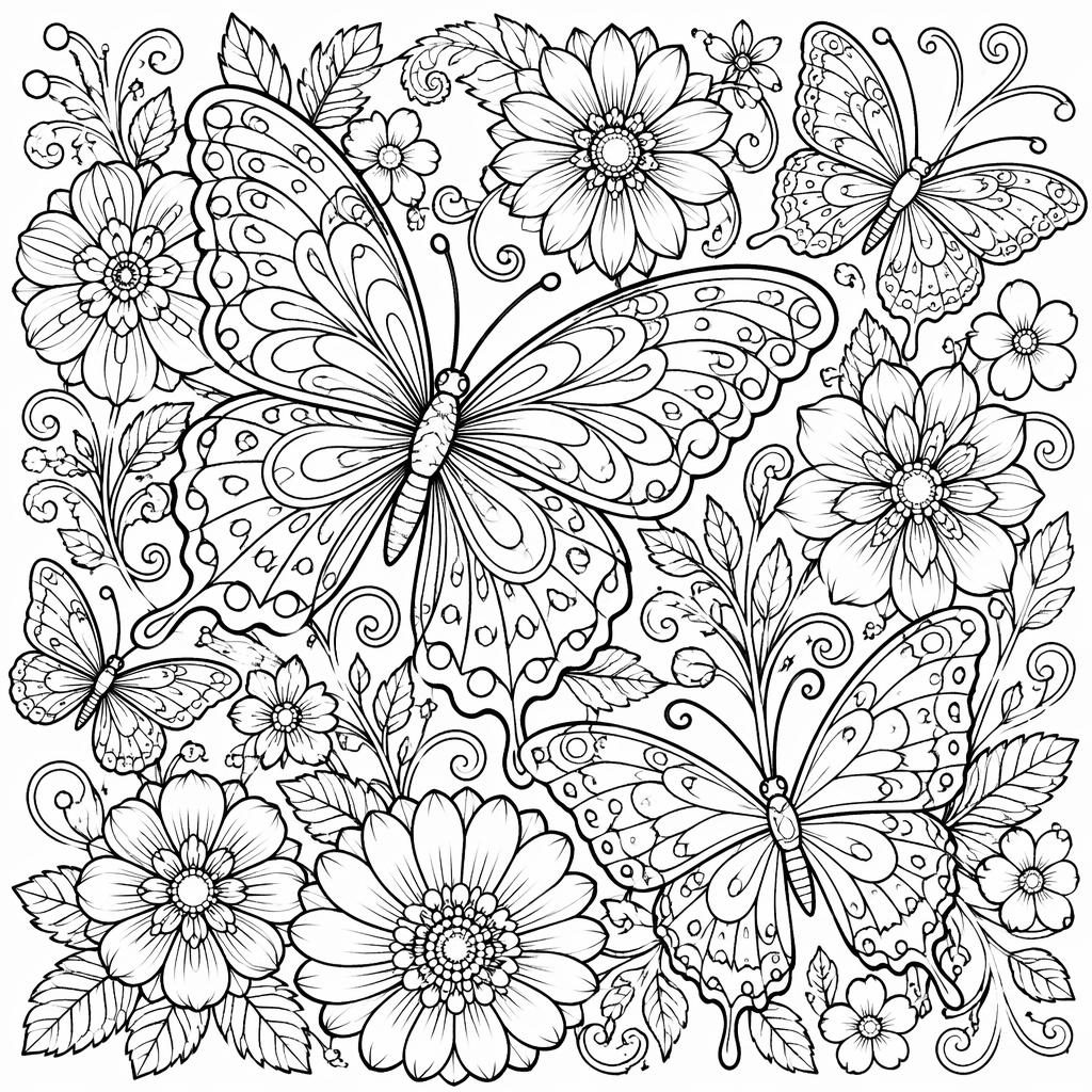 Illustration noir et blanc de papillons et fleurs détaillés en style zentangle, contours nets sur fond blanc.
