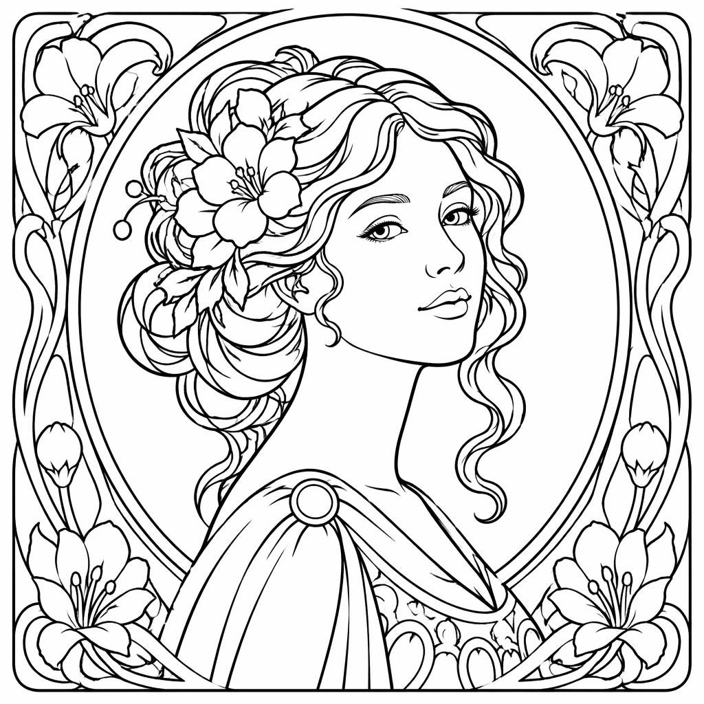 Ilustración en blanco y negro de un retrato de mujer estilo art nouveau, con contornos limpios y formas cerradas.