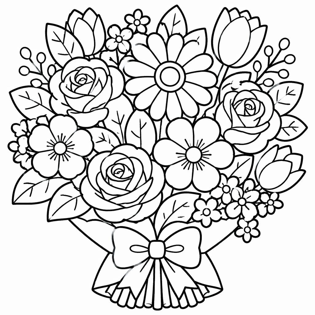 Schwarz-weiße Ausmalseite mit einem niedlichen Blumenstrauß im Cartoon-Stil, mit dicken Konturen und klaren Formen.