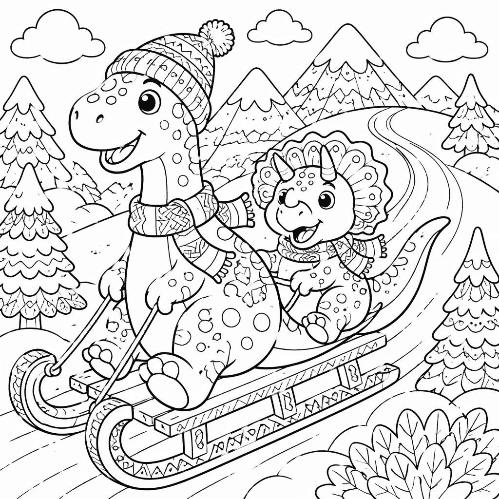 Schwarz-weiße Ausmalbild-Illustration mit kindgerechten Dinosaurier-Szenen im detaillierten Zentangle-Linienstil.
