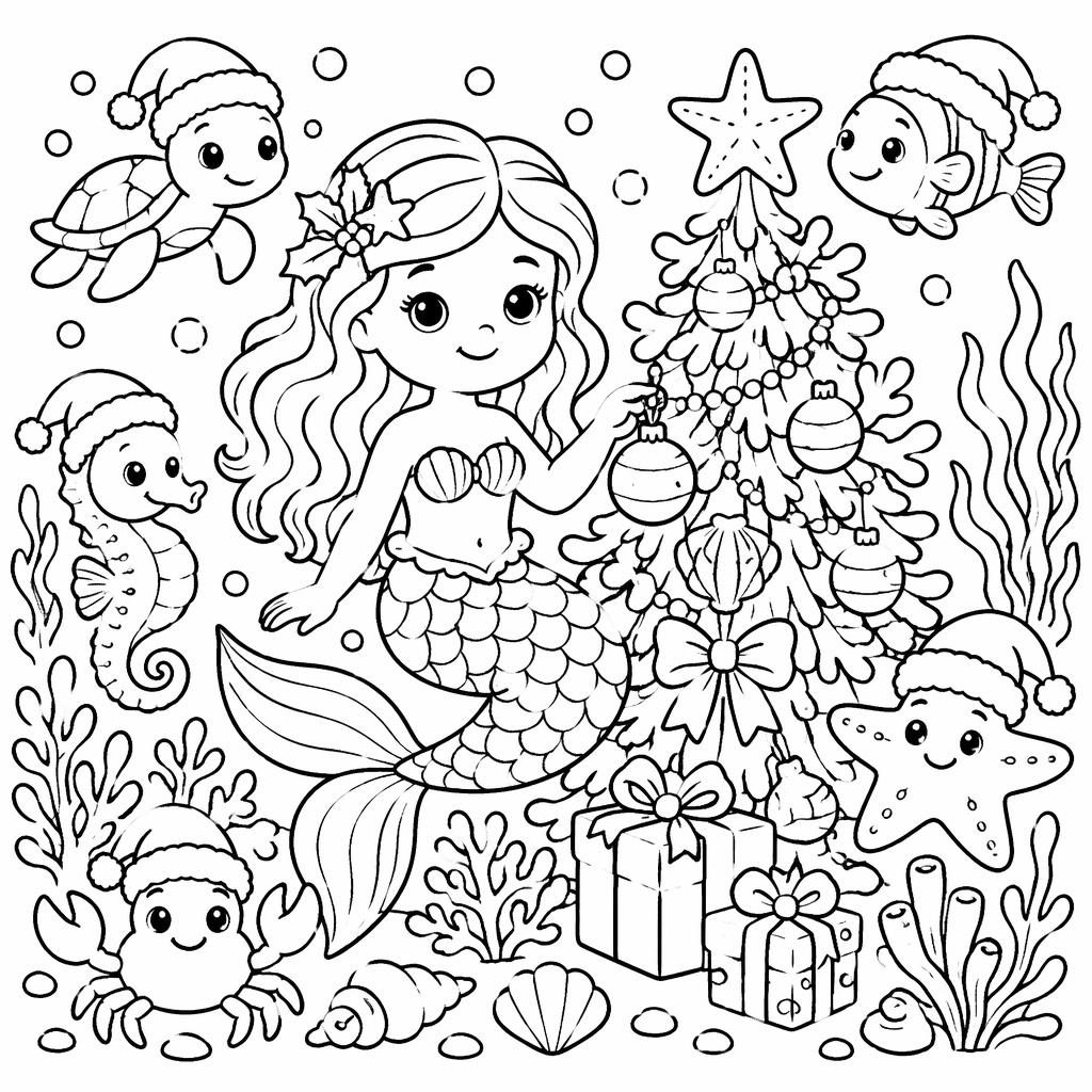 Schwarz-weiße Ausmalbild-Illustration mit Meerjungfrau unter Wasser, Pflanzen und kinderfreundlichen Meeresmotiven.