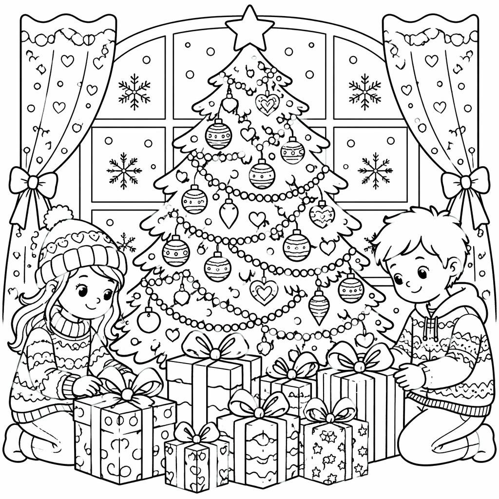 Schwarz-weiße Ausmalbild-Illustration mit Weihnachtsbaum, Geschenken und Kindern im Doodle-Stil