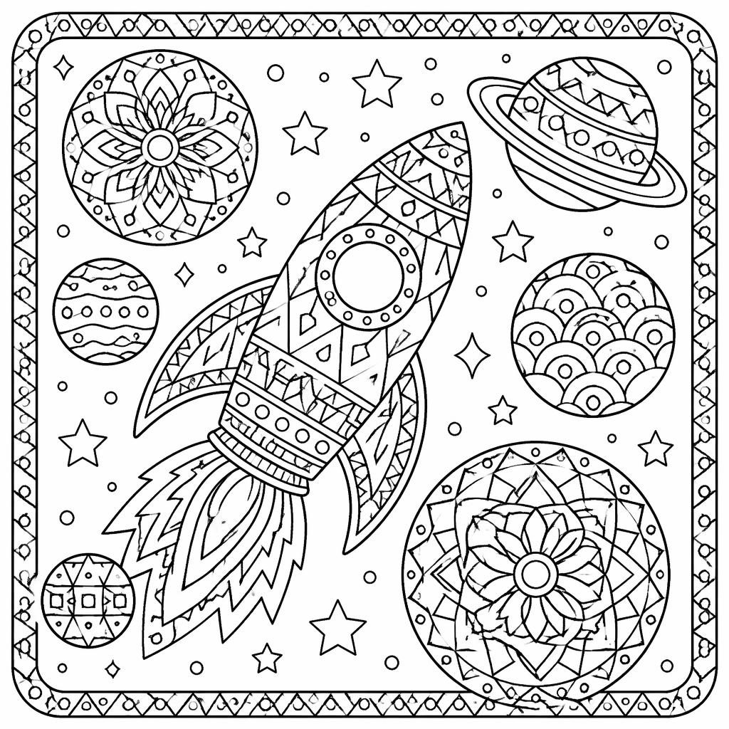 Ilustración para colorear en blanco y negro con cohete espacial, planetas y detalles tipo doodle para niños.