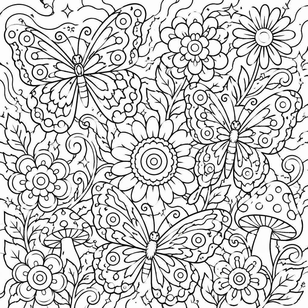 Black-and-white coloring page with simple butterflies and flowers in doodle line art on a white background.