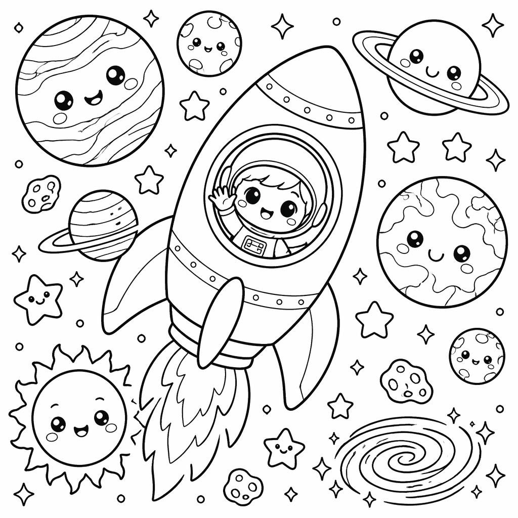 Ilustración en blanco y negro de un cohete espacial con planetas, estilo manga, con líneas limpias para colorear.
