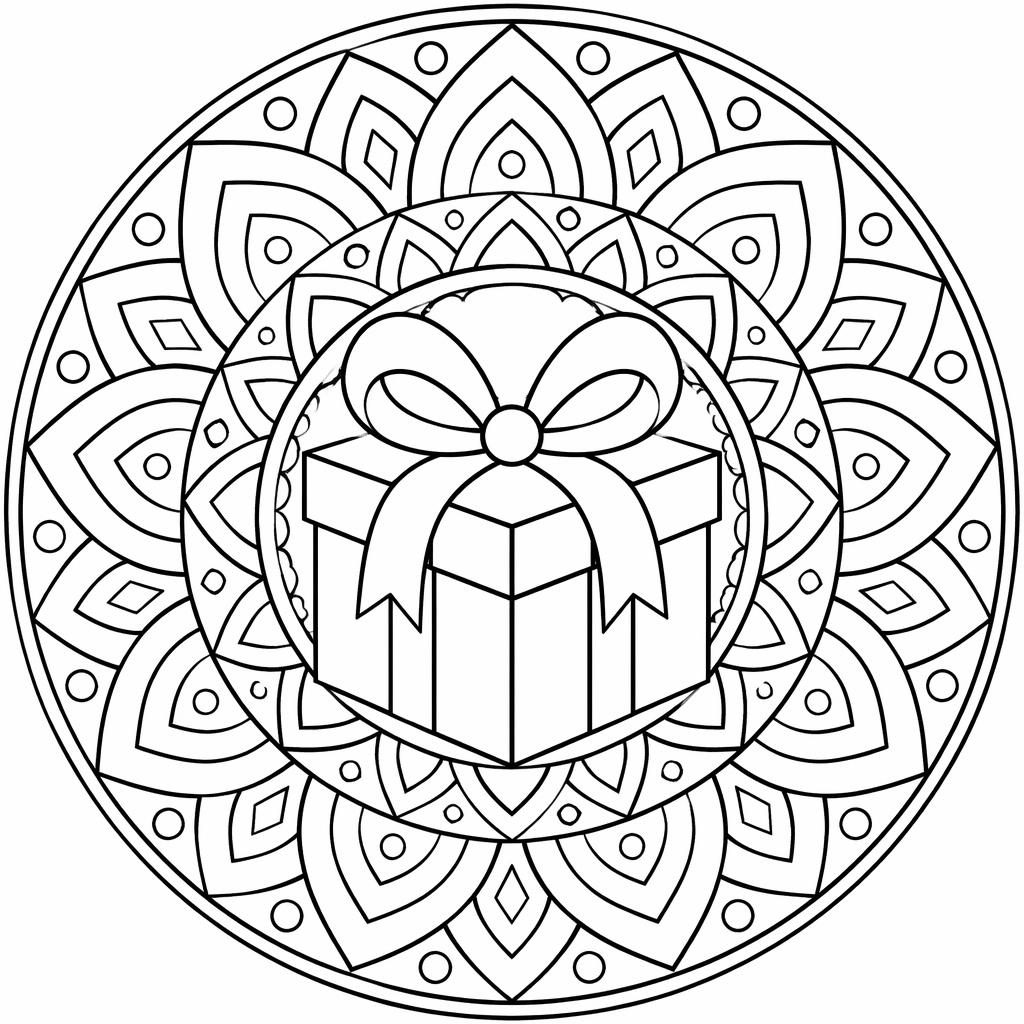 Schwarz-weißes Mandala-Ausmalbild mit klaren geometrischen Formen und einfachen Details auf weißem Hintergrund.