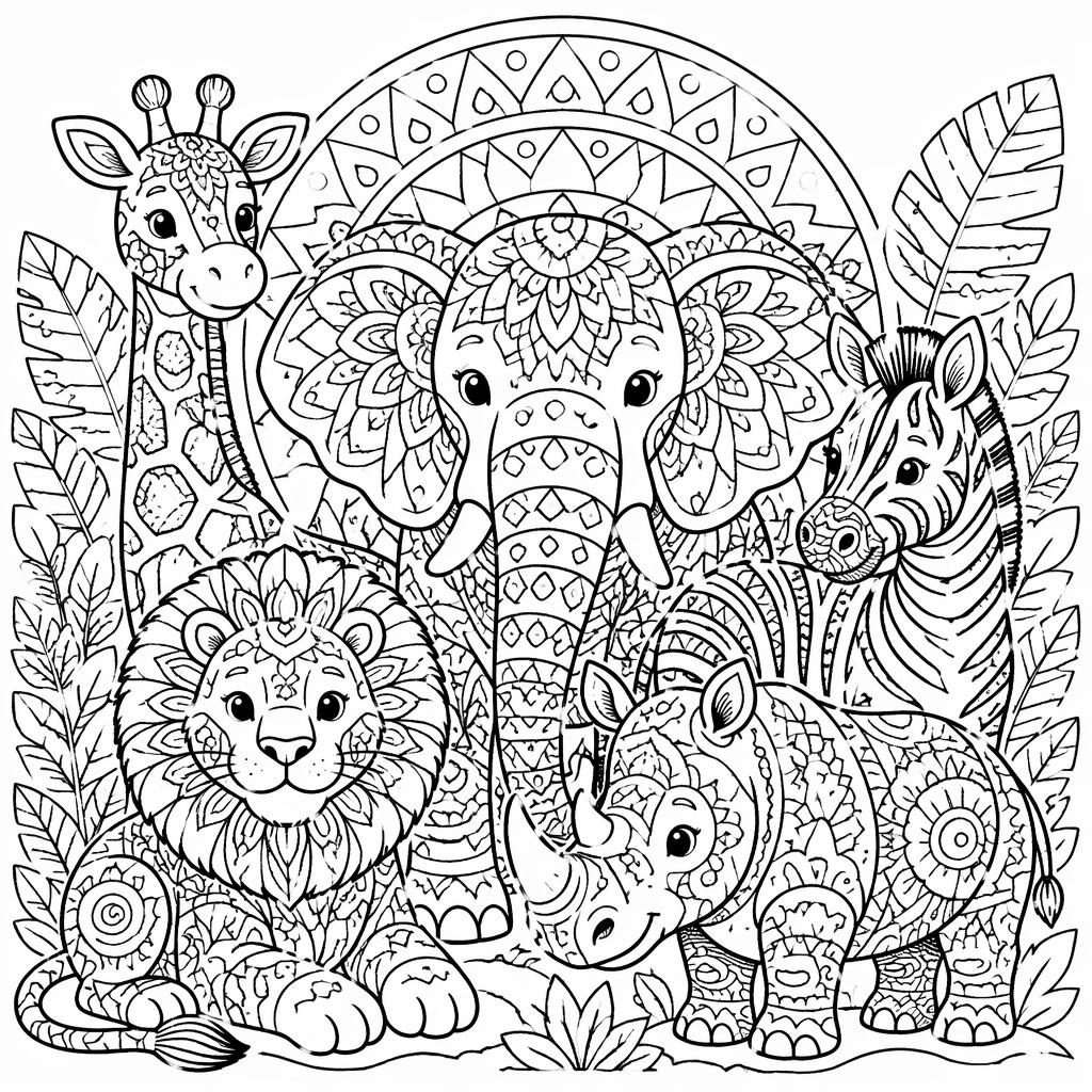 Ilustración para colorear en blanco y negro con animales safari estilo zentangle y mandala geométrico.