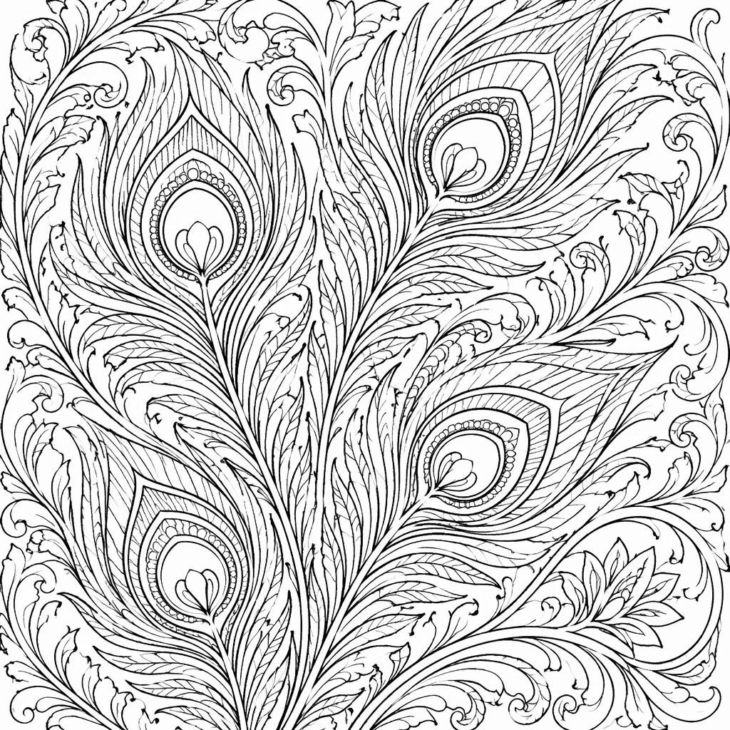 Schwarz-weiße Ausmalseite mit Fee und detailreichen Pfauenfedern im filigranen Jugendstil für Erwachsene