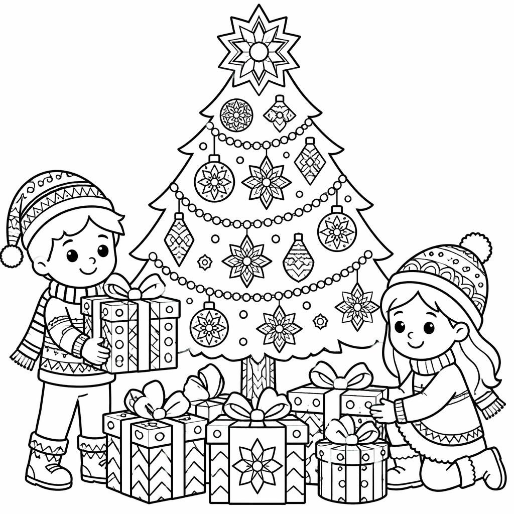 Página para colorear en blanco y negro con árbol de Navidad, regalos y niños, estilo mandala geométrico.