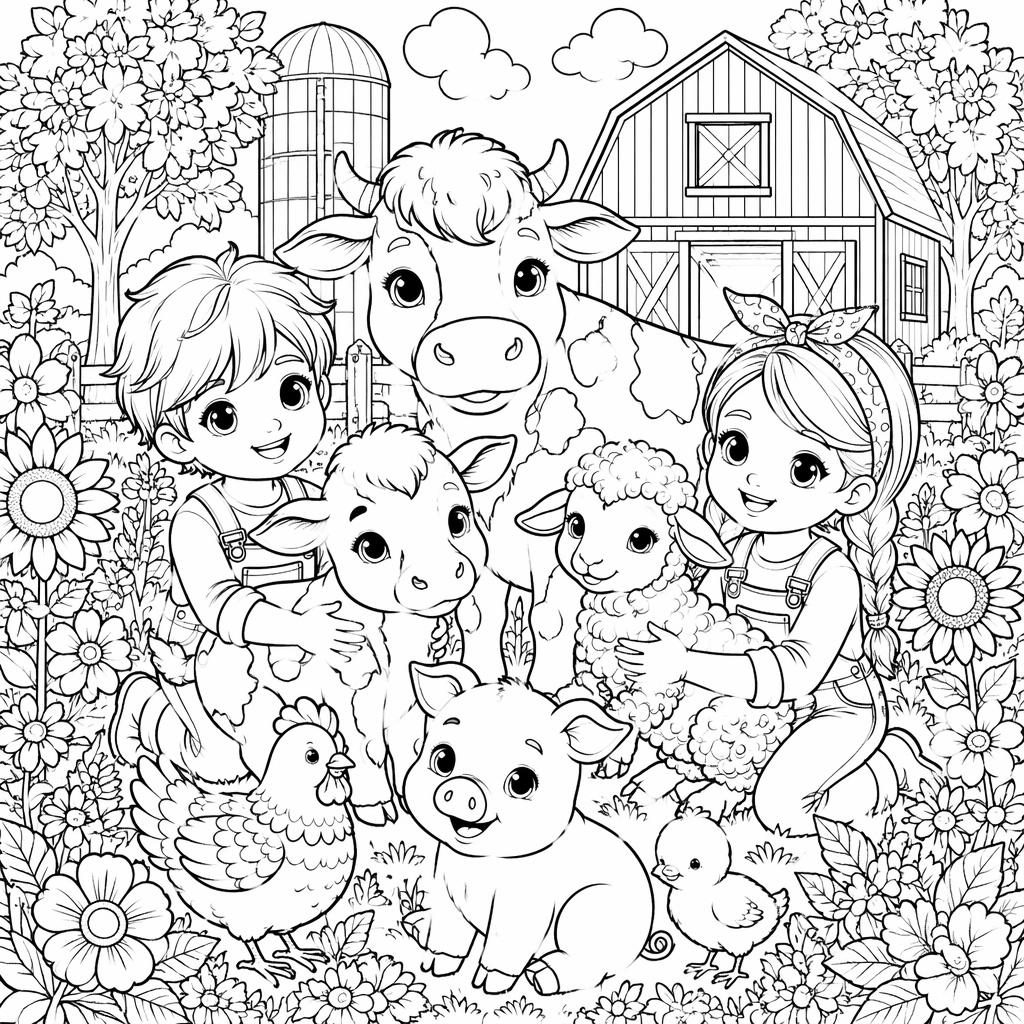 Schwarz-weiße Ausmalbild-Illustration mit Bauernhoftieren für Kinder, detailreich im Manga- und Mandala-Stil.