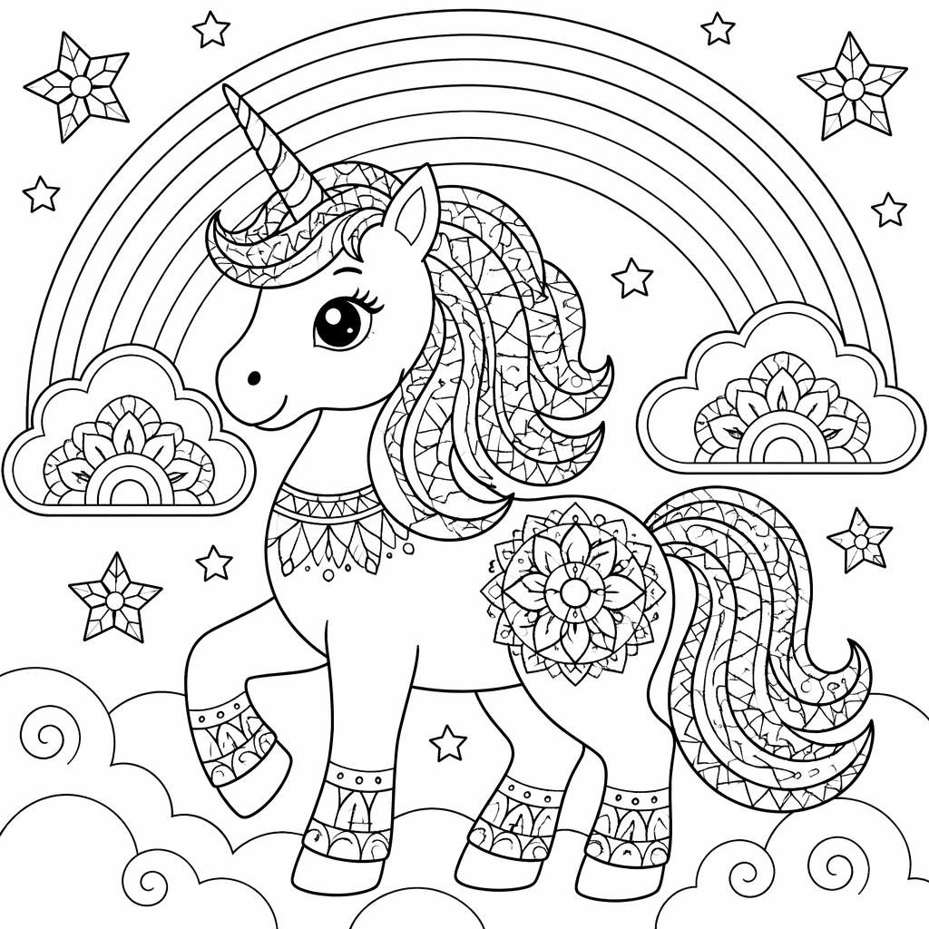 Illustration noir et blanc d’une licorne simple avec arc-en-ciel, style mandala géométrique pour coloriage enfant