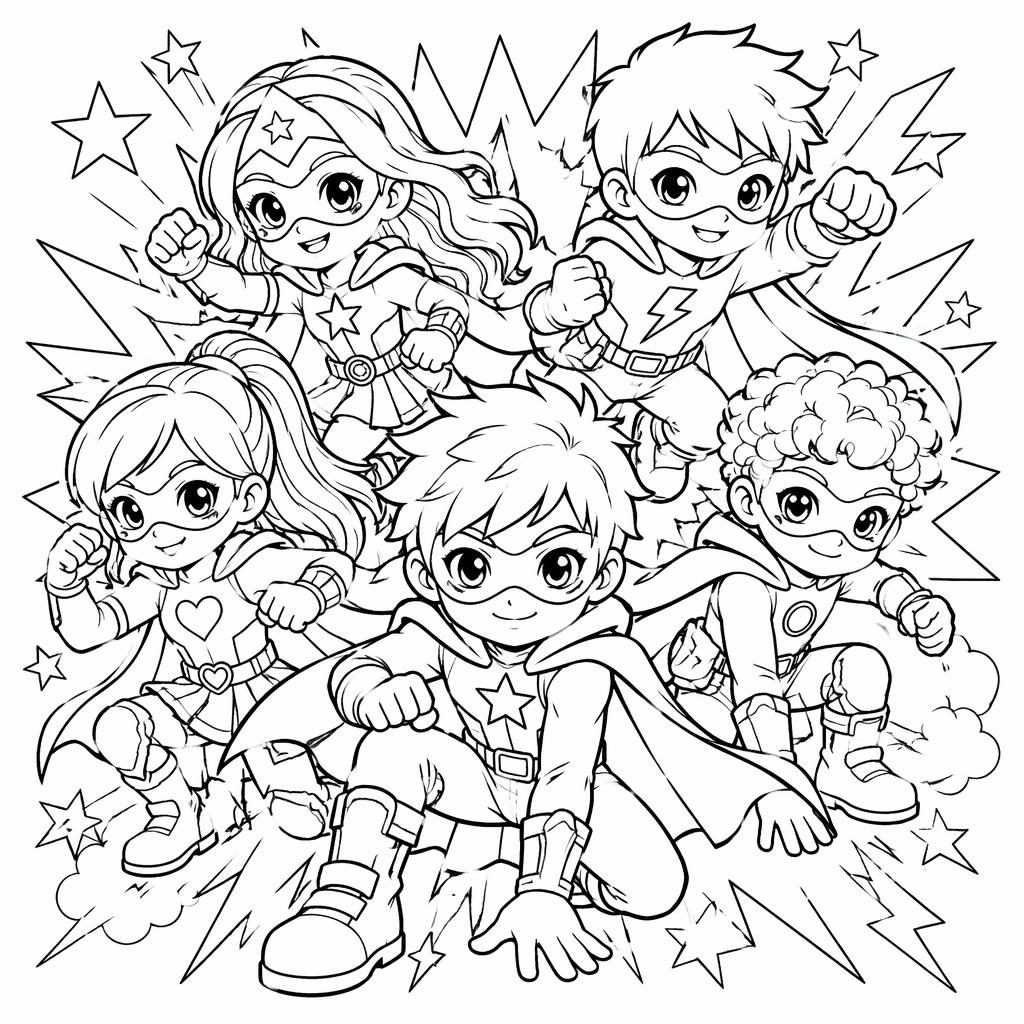 Página para colorear en blanco y negro con niños superhéroes estilo manga, contornos limpios y fondo blanco.