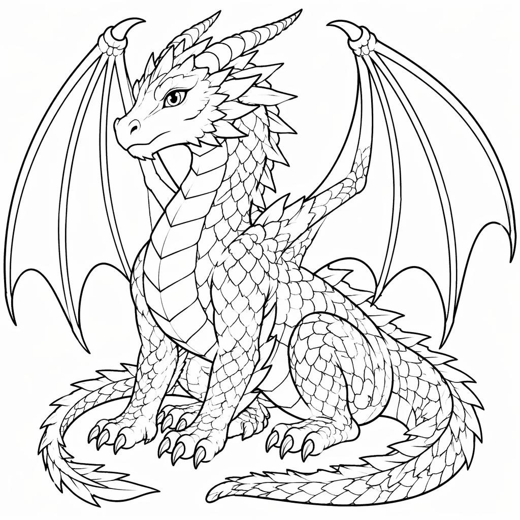 Ilustración para colorear en blanco y negro de un dragón fantástico adulto, estilo manga, con contornos limpios.