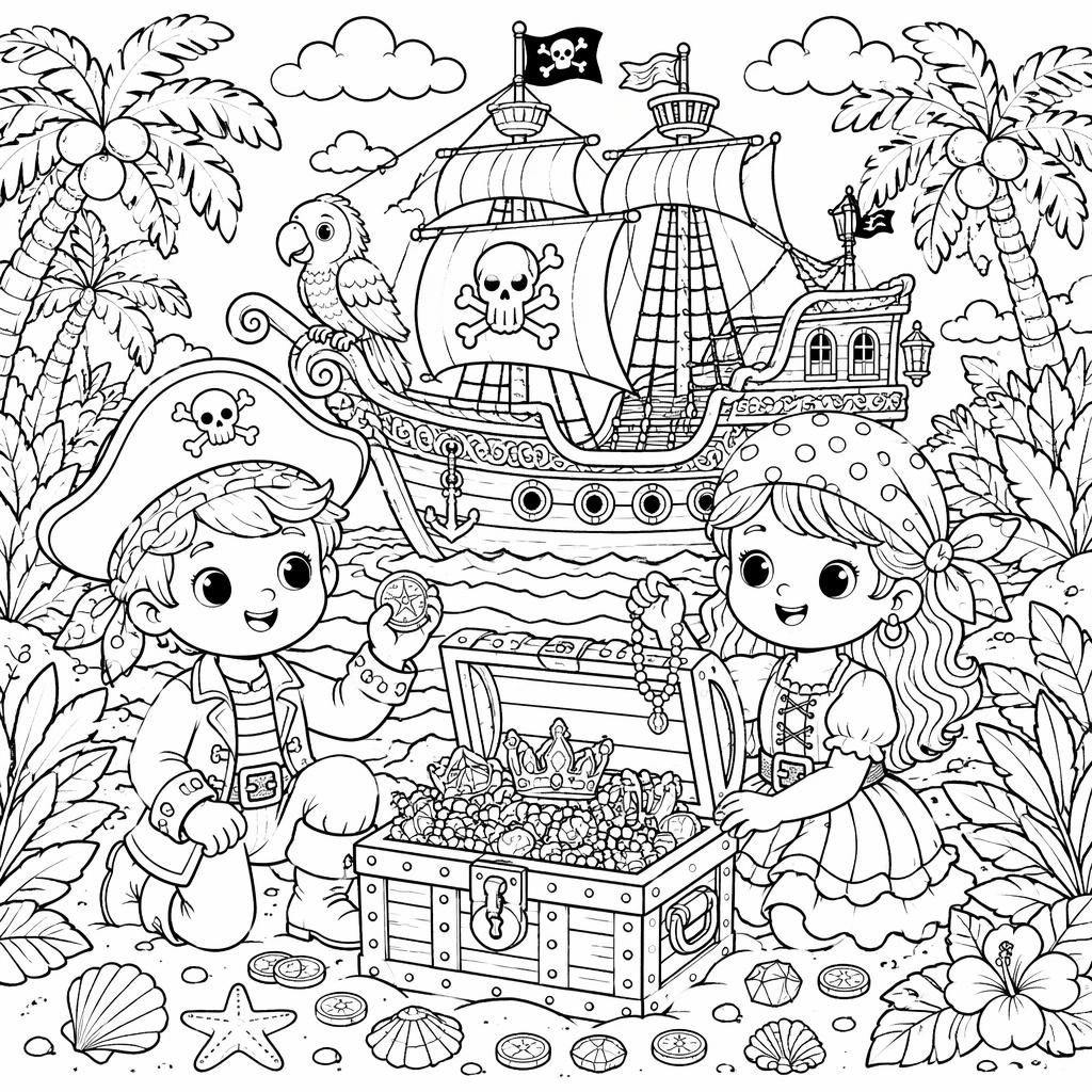 Ilustración para colorear en blanco y negro de un sapo junto a un barco pirata y un tesoro, estilo caricatura